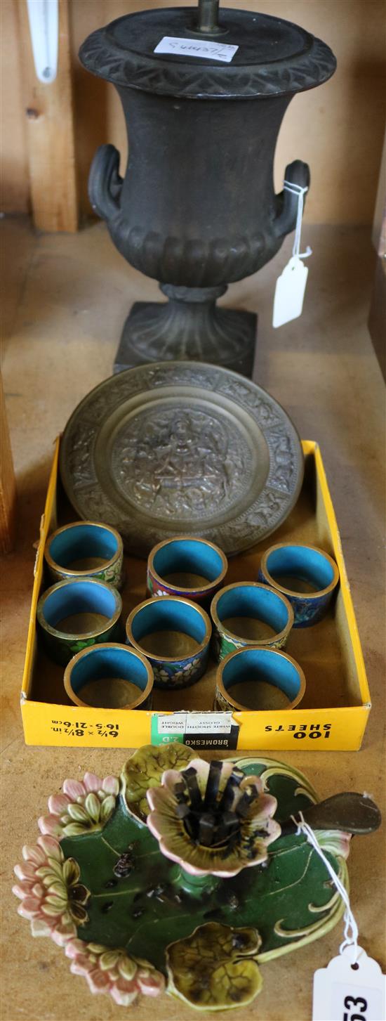 Cloisonne napkin rings, Indian dish etc